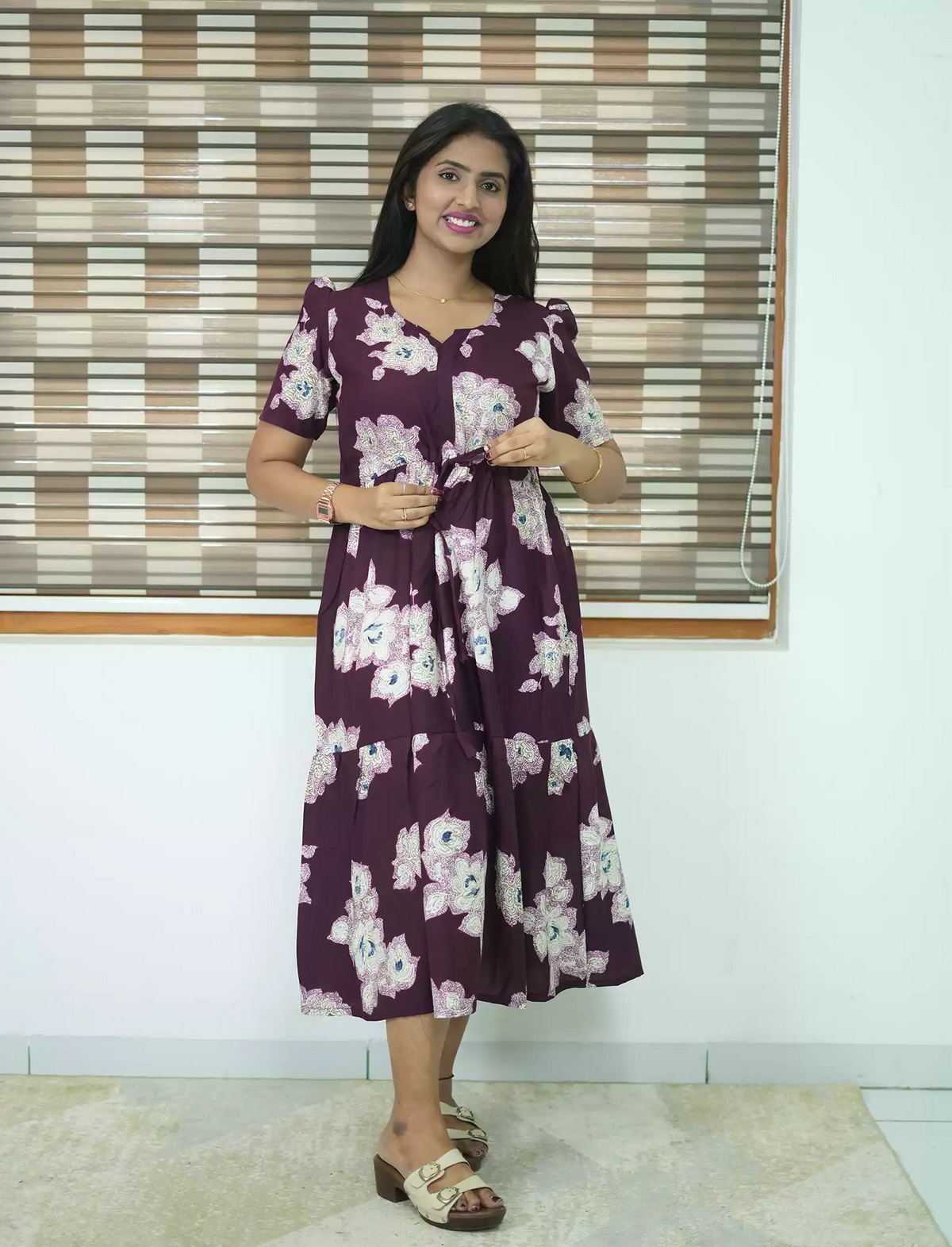 Rayon Floral Print Foil Gathering Maxi with Front Tie - Mangai Nighties