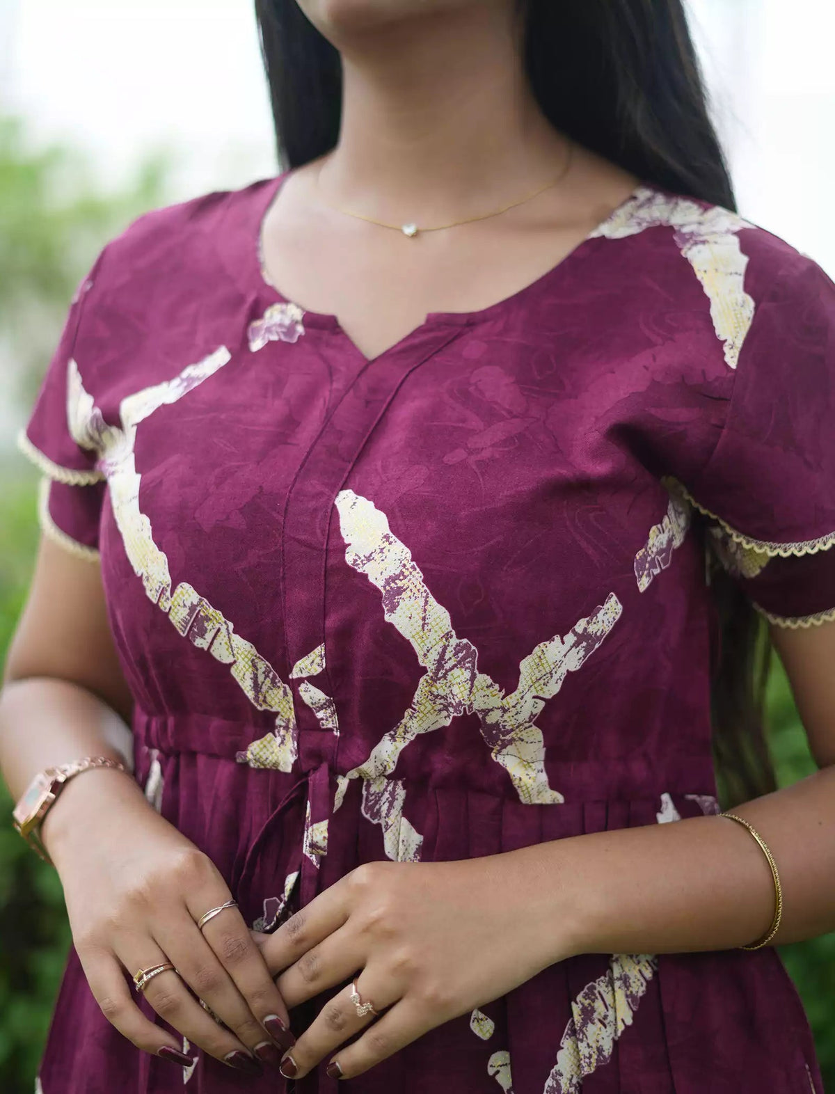 Purple Rayon Abstract Print Round Neck Maxi Frock - Mangai Nighties