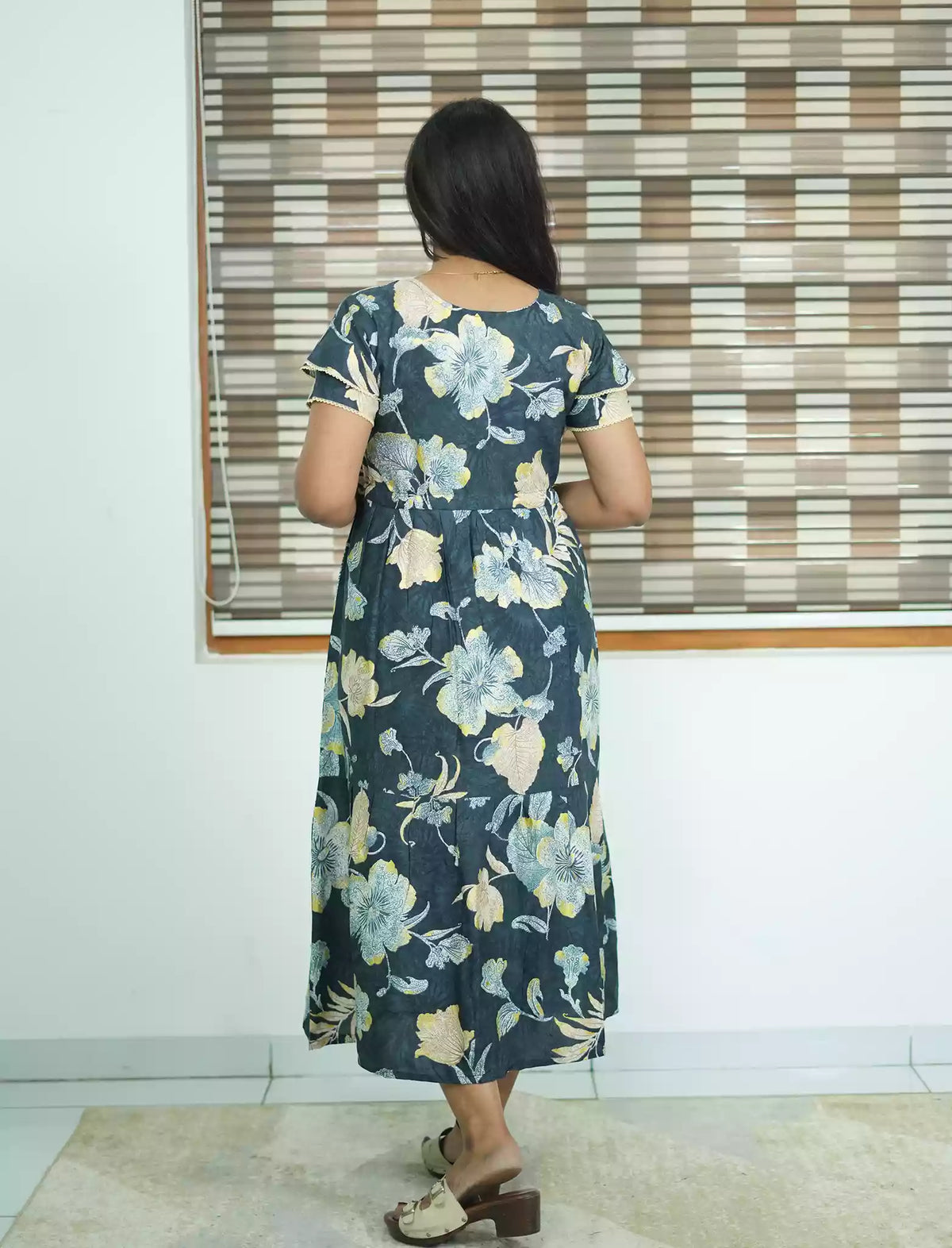 Blue Rayon Floral Zipless Maxi Frock Side Pocket - Mangai Nighties