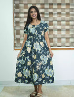 Blue Rayon Floral Flared Maxi Frock for Women - Mangai Nighties