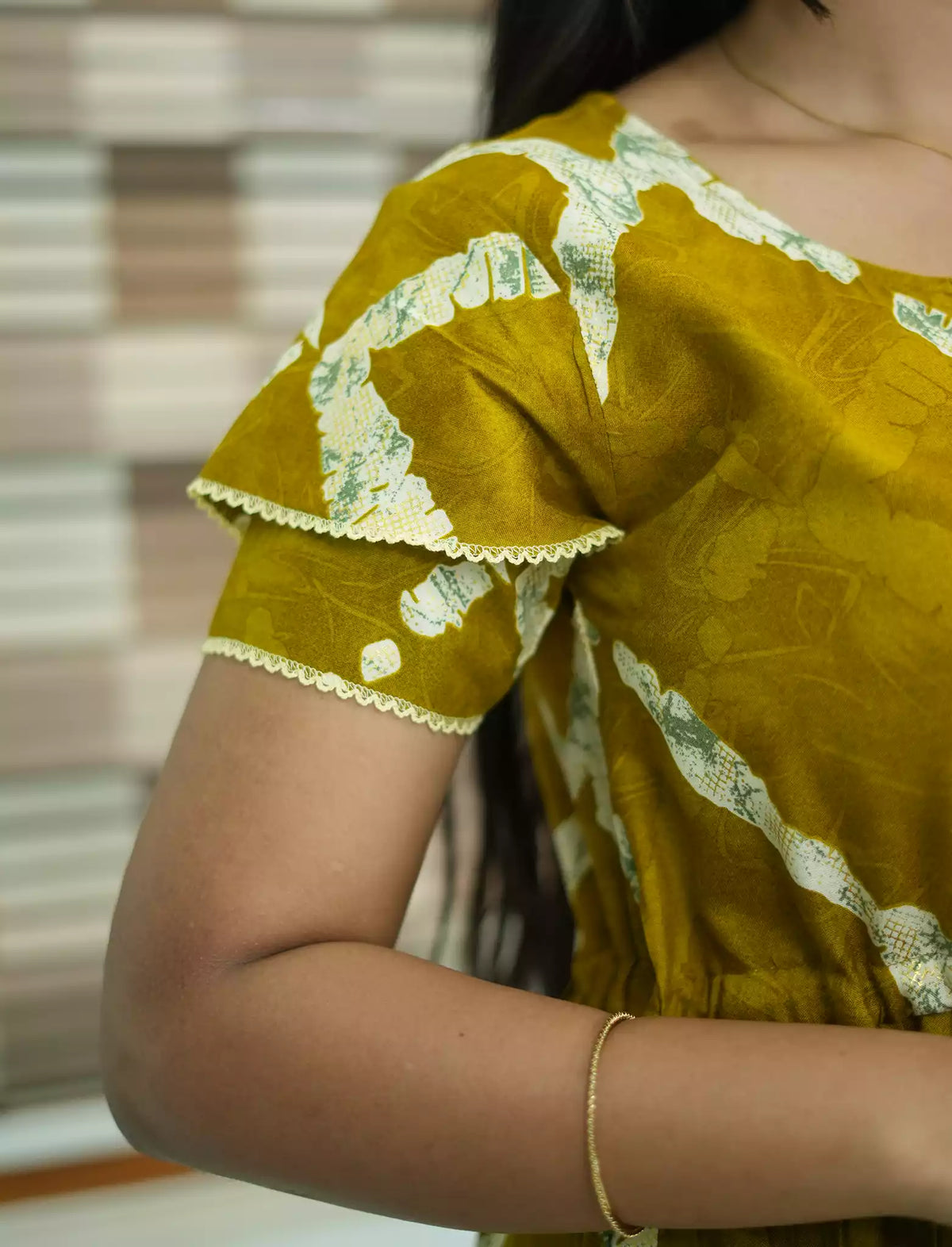 Mustard Rayon Abstract Print Double Layer Sleeve Maxi - Mangai Nighties
