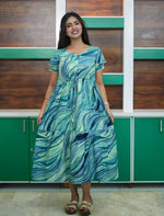 Aqua Blue Rayon Gathering Flared Maxi for Women - Mangai Nighties