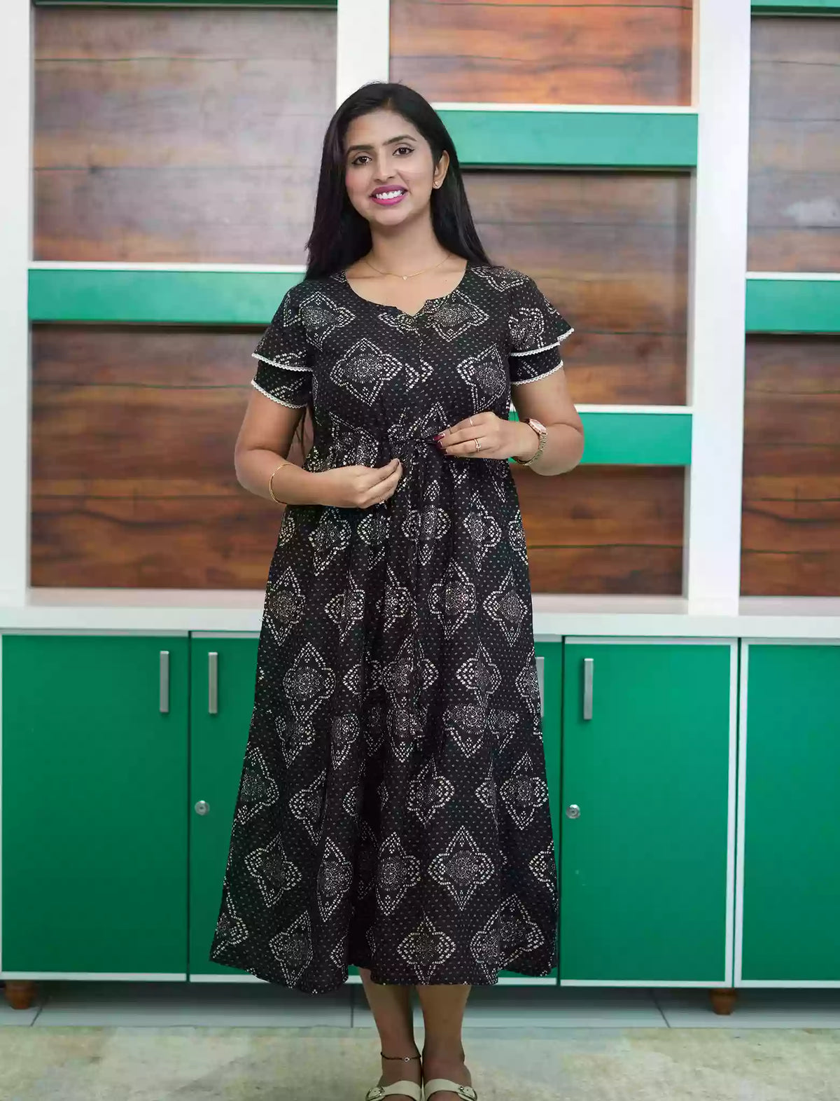 Rayon Diamond Butta Print Foil Gathering Maxi with Layer Sleeve - Mangai Nighties