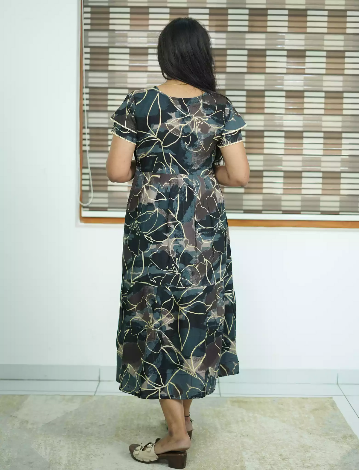 Black Rayon Floral Print Casual Maxi Frock Women - Mangai Nighties