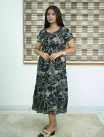 Black Rayon Floral Print Gathering Maxi Frock Women - Mangai Nighties