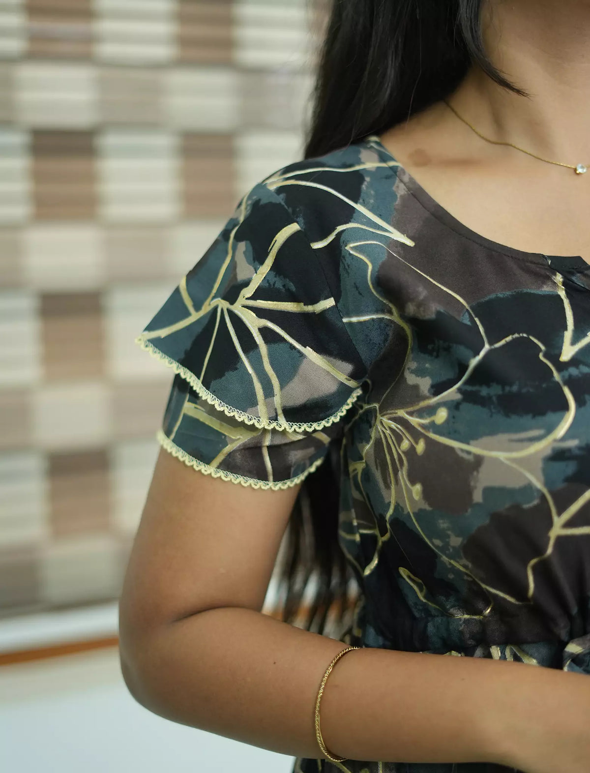 Rayon Black Floral Print Double Layer Sleeve Frock - Mangai Nighties