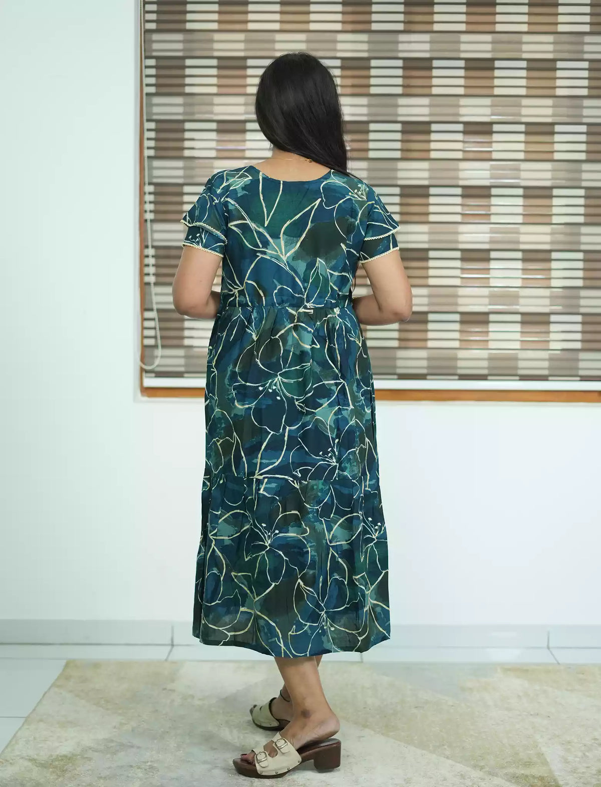 Navy Floral Print Zipless Maxi Frock Women Back View - Mangai Nighties