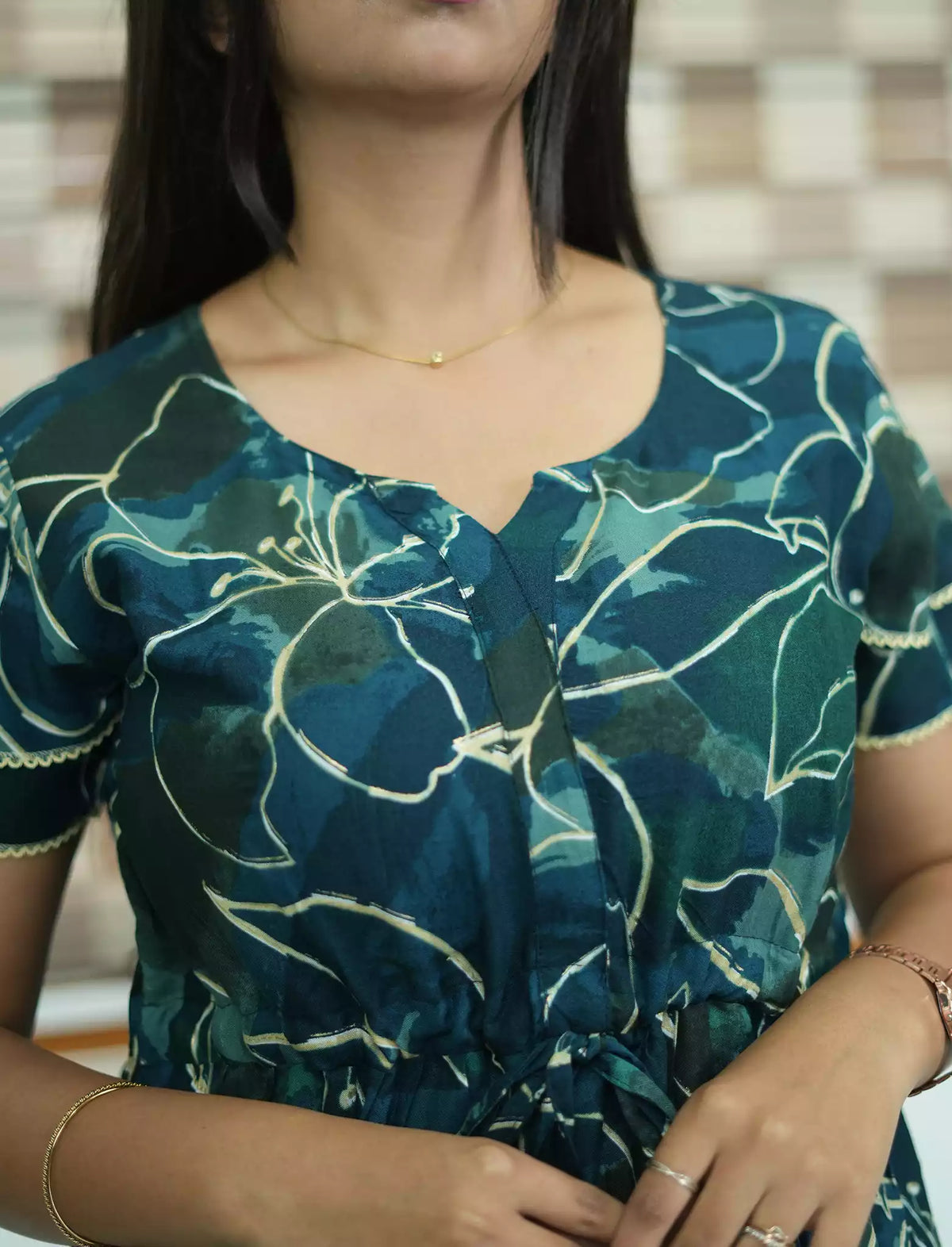 Rayon Navy Floral Print Round Neck Maxi Frock - Mangai Nighties