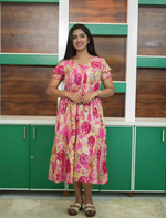 Pink Rose Print Rayon Gathering Zipless Maxi for Women - Mangai Nighties
