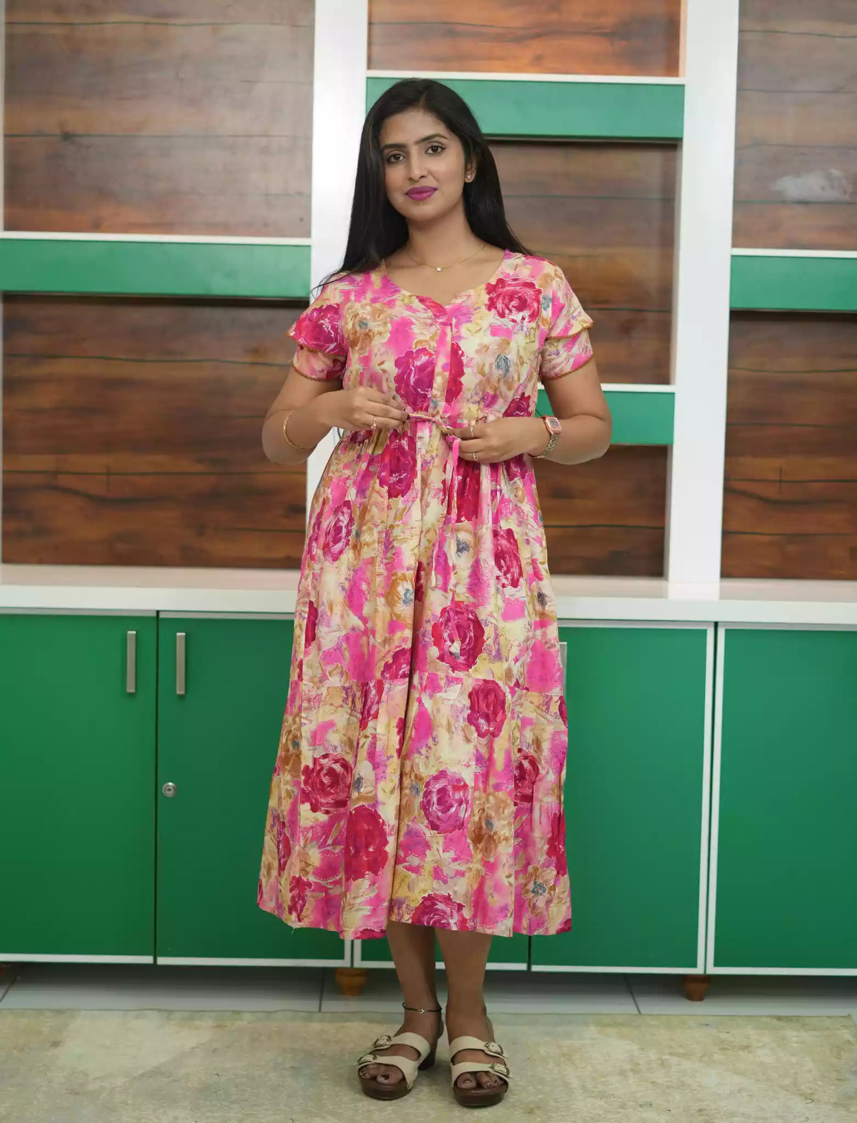 Pink Floral Rayon Gathering Maxi Frock with Tie Rope - Mangai Nighties