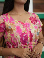 Pink Floral Daily Wear Rayon Gathering Round Neck Maxi - Mangai Nighties