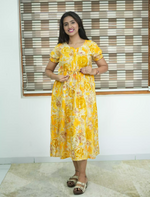 Yellow Floral Rayon Gathering Maxi Frock with Tie Rope - Mangai Nighties