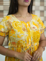 Yellow Floral Round Neck Rayon Gathering Maxi Frock - Mangai Nighties