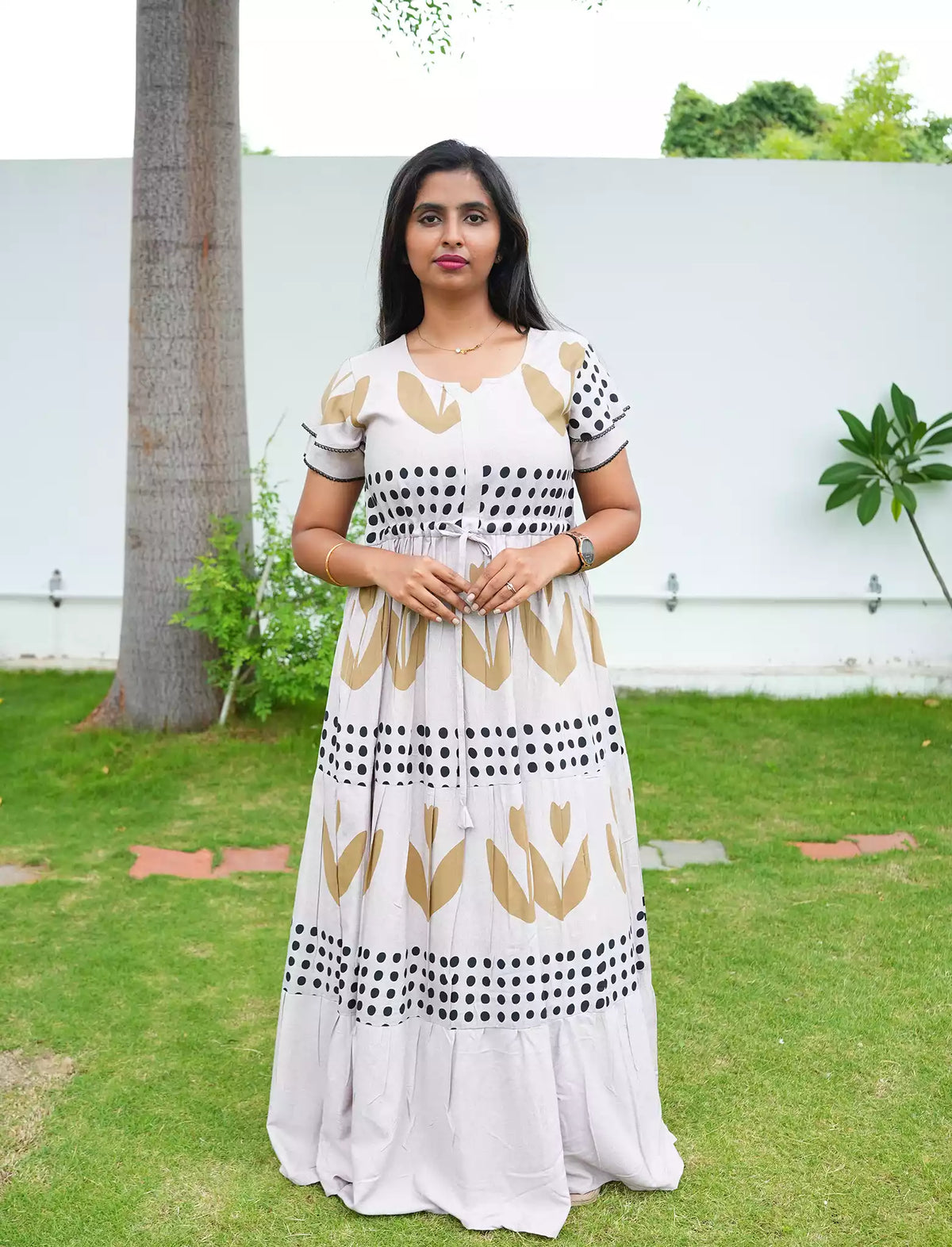 Rayon Heart Dot Print Tie Waist with Layered Sleeves - Mangai Nighties