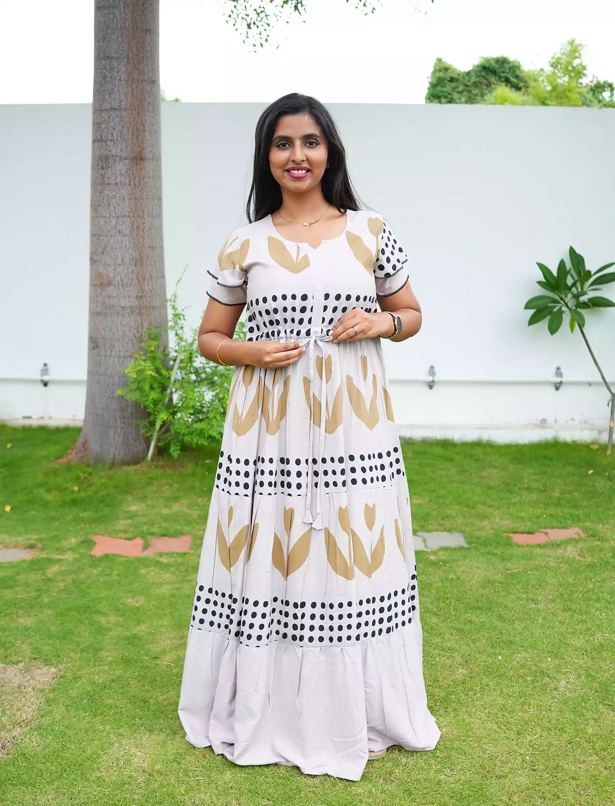 Rayon Heart Dot Print Tie Waist with Layered Sleeves - Mangai Nighties