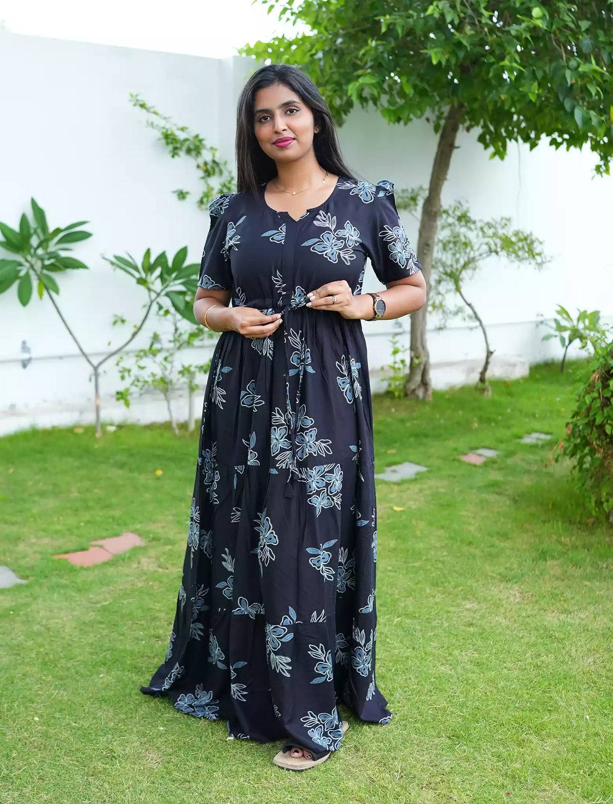 Rayon Floral Tie Waist Puff Sleeve with Pocket - Mangai Nighties