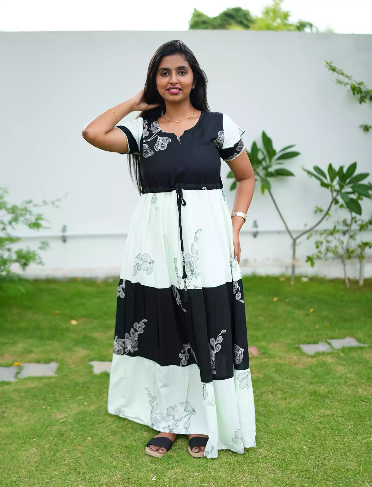 Rayon Floral Print Layer Sleeve Flared Frock - Mangai Nighties
