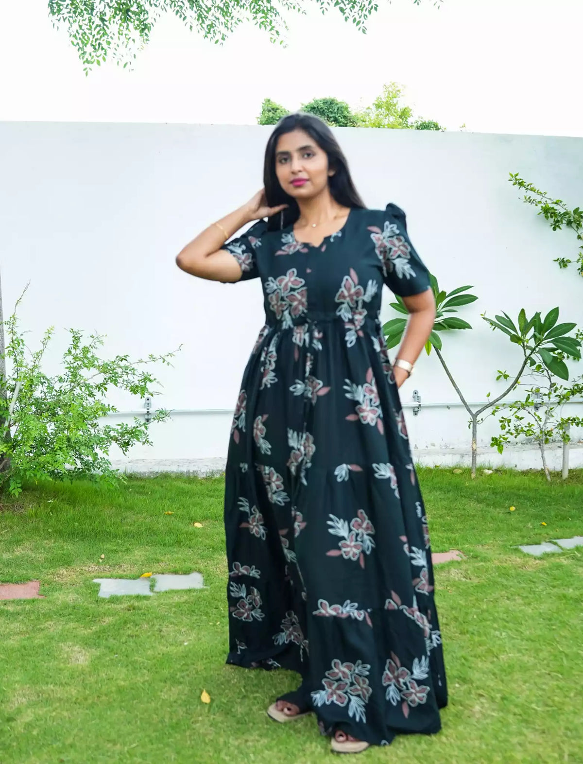 Rayon Floral Tie Waist Puff Sleeve with Pocket - Mangai Nighties