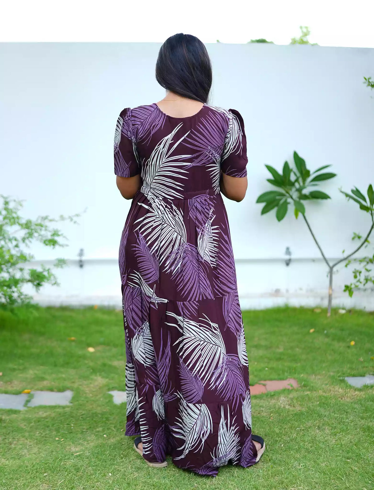 Brown Floral Printed Long Dress with Front Tie - Mangai Nighties
