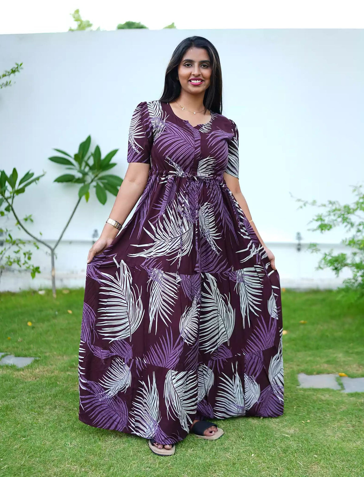 Brown Rayon Floral Print Gathering Long Frock - Mangai Nighties
