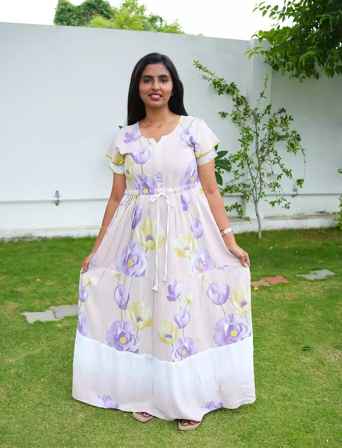 Lavender Rayon Floral Print Gathering Long Frock - Mangai Nighties
