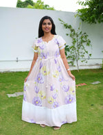 Lavender Rayon Floral Print Gathering Long Frock - Mangai Nighties
