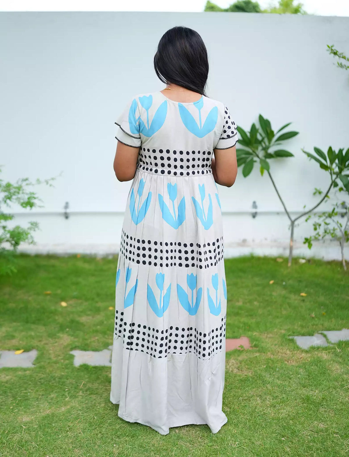 Rayon Heart Dot Print Tie Waist with Layered Sleeves - Mangai Nighties