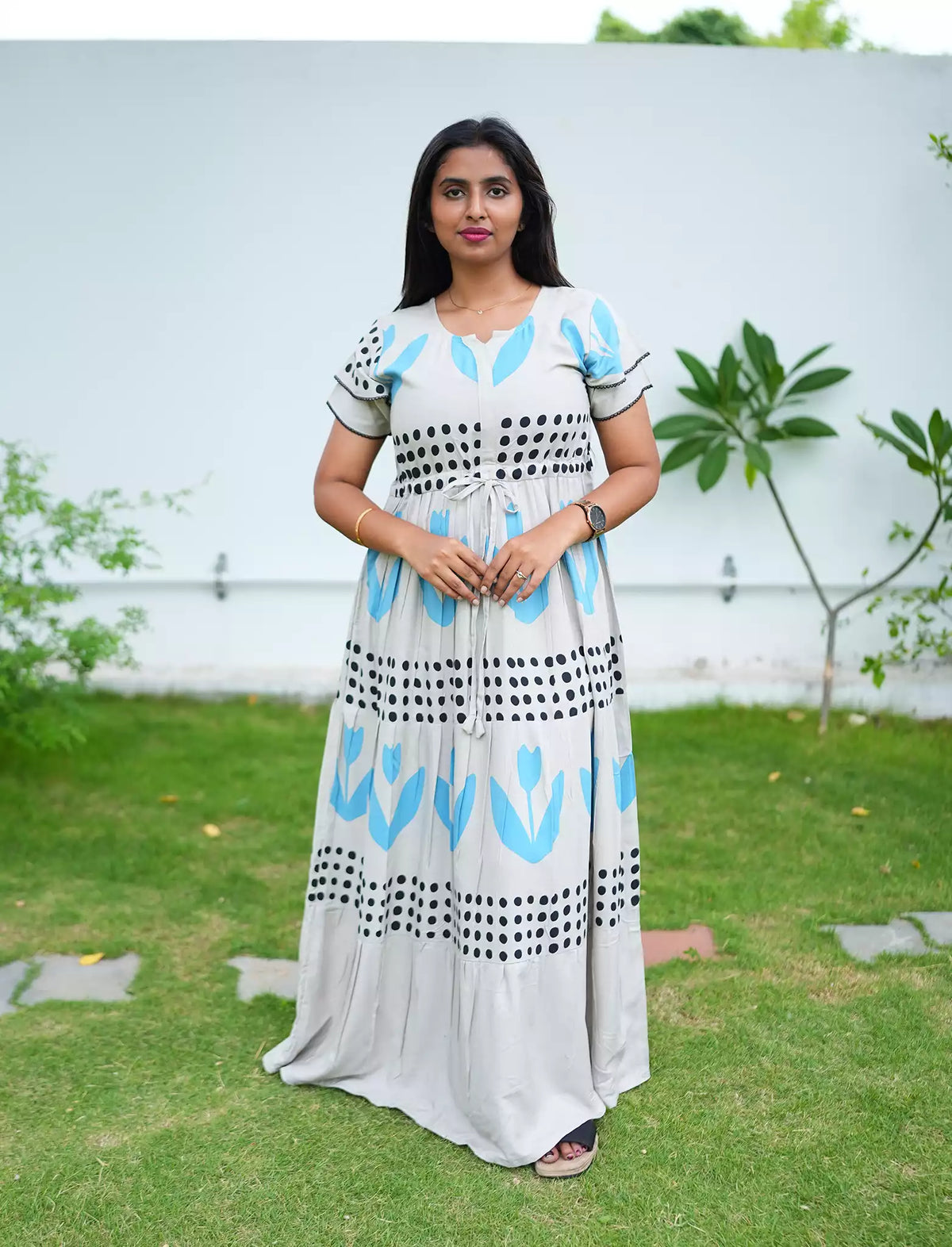 Rayon Heart Dot Print Tie Waist with Layered Sleeves - Mangai Nighties