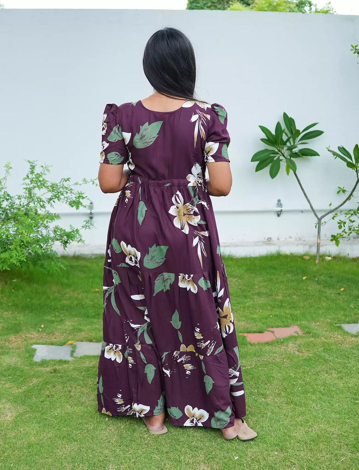Rayon Floral Print Flared Frock with Puff Sleeve| Mangai Nighties