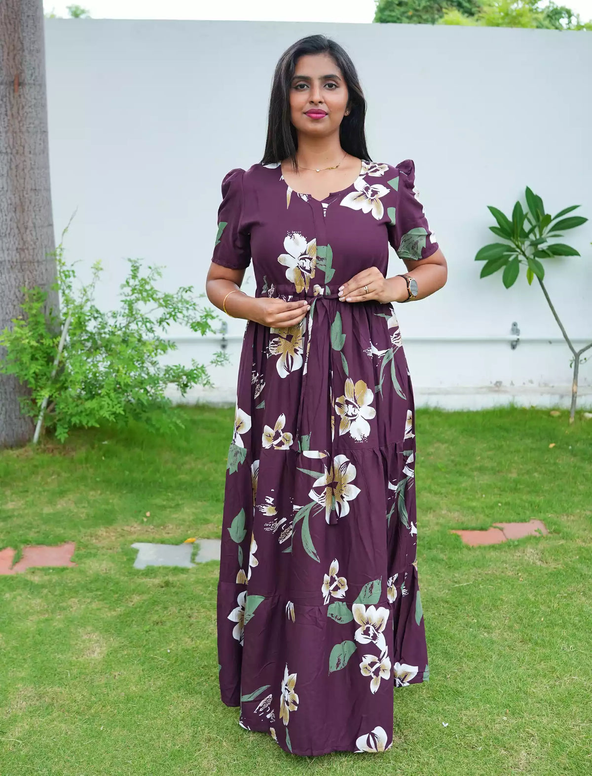 Rayon Floral Print Flared Frock with Puff Sleeve| Mangai Nighties