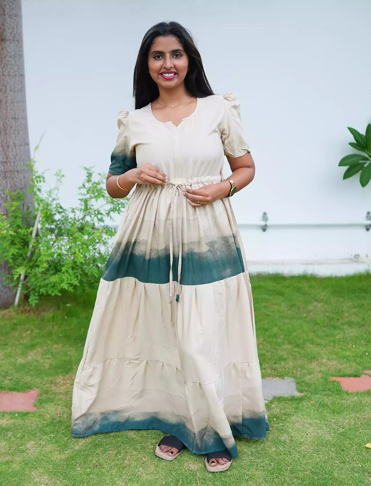 Rayon Ombre Printed Puff Sleeve Frock Styles - Mangai Nighties