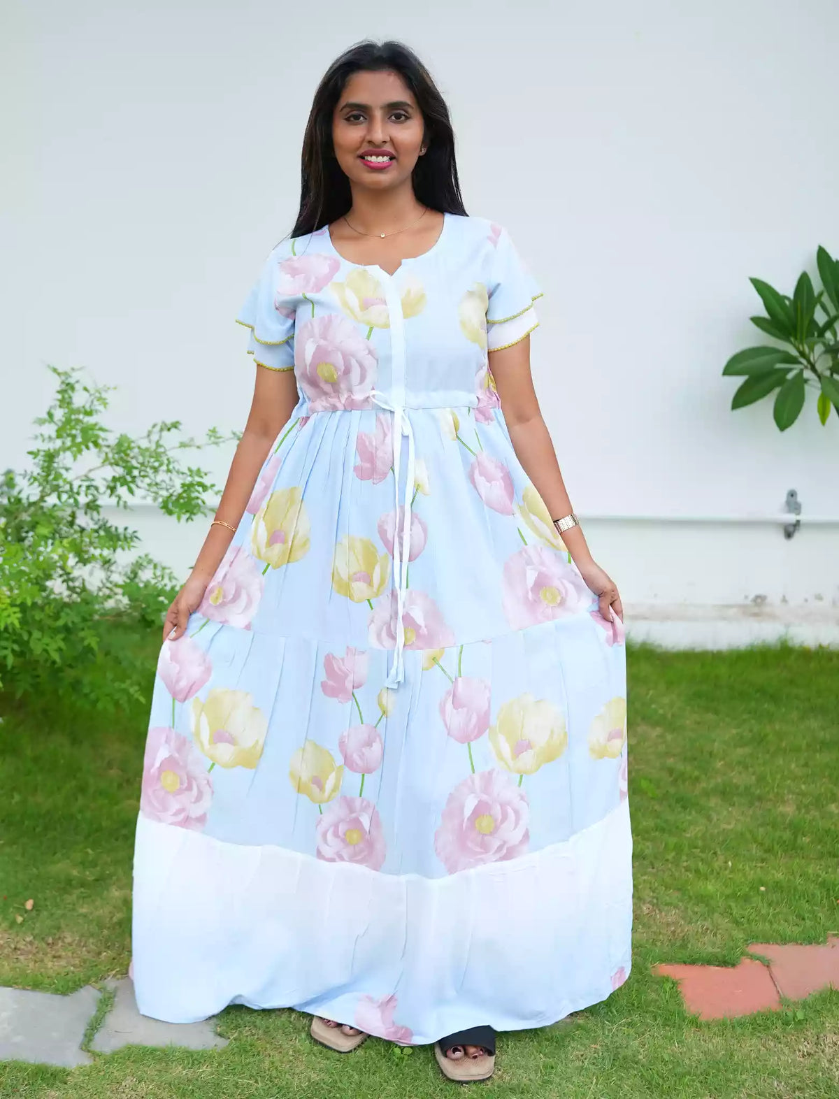 Sky Blue Rayon Floral Print Gathering Long Frock - Mangai Nighties