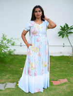 Sky Blue Rayon Gathering Long Frock with Front Tie – Mangai Nighties