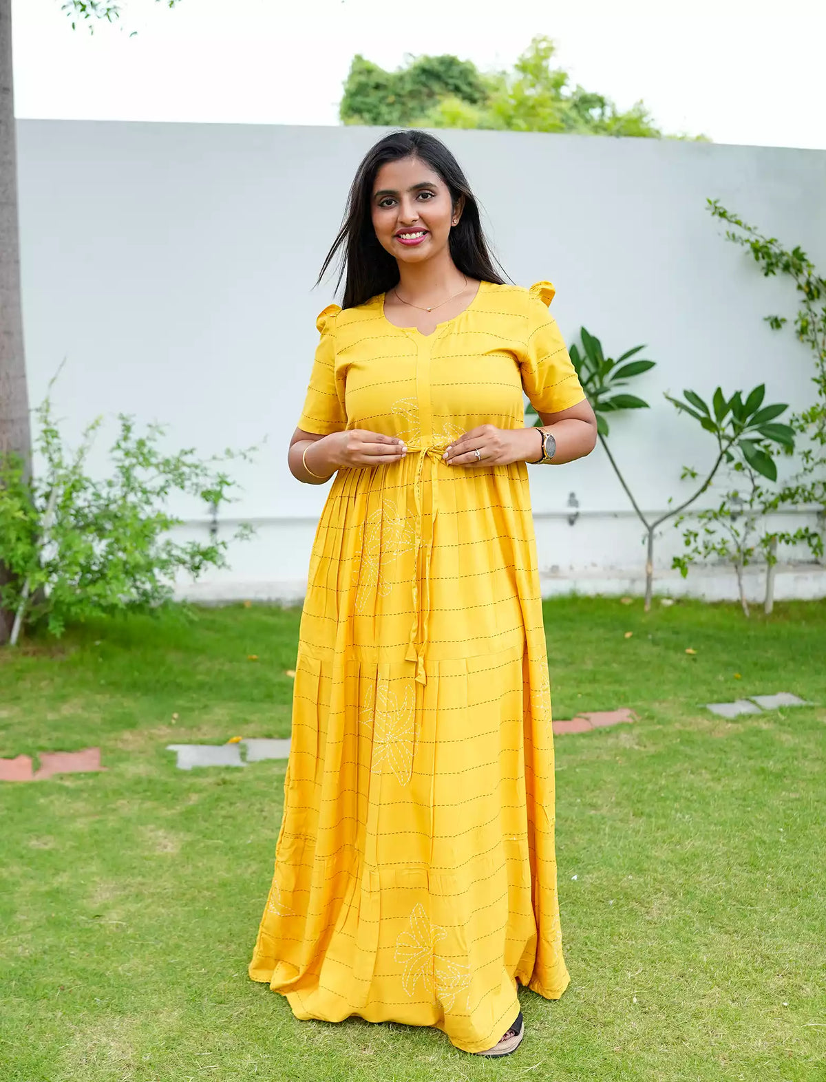 Rayon Floral Printed Tie Waist Puff Sleeve Frock - Mangai Nighties