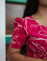 Pink Floral Print Rayon Maxi Frock with Puff Sleeve - Mangai Nighties