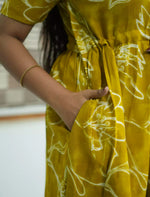 Mustard Floral Print Rayon Gathering Maxi with Side Pocket - Mangai Nighties