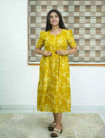 Mustard Floral Print Rayon Casual Maxi Frock with Front Tie - Mangai Nighties