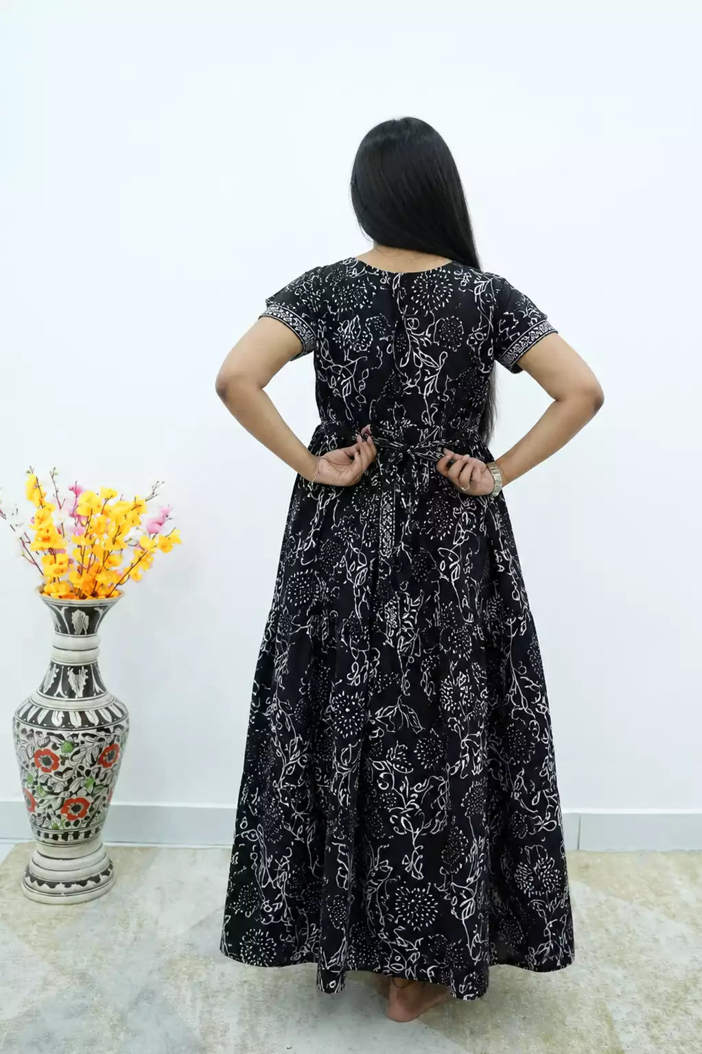 Black Cotton Feeding Frock with Front Zipper and Back Tie - Mangai Nighties