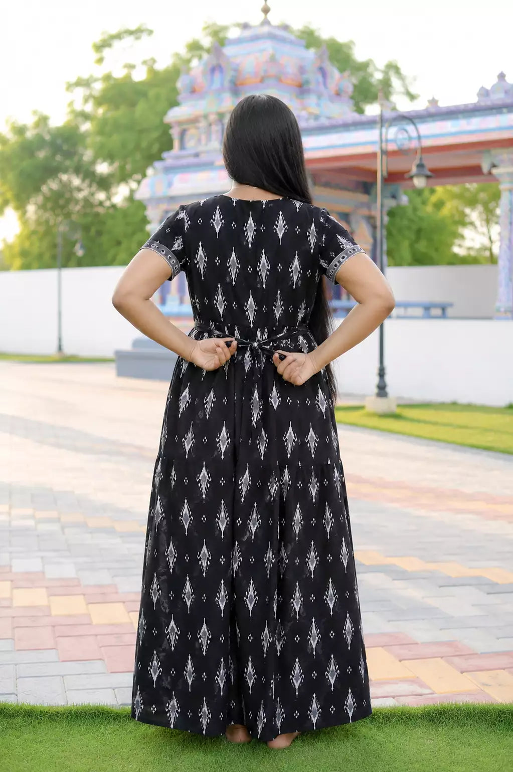 Black Jaipur Cotton Front Zipper Frock with Back Tie Rope - Mangai Nighties