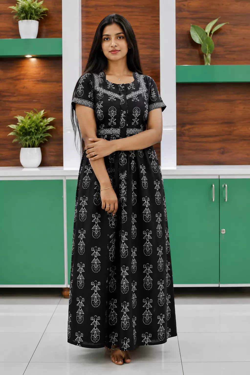 Black Jaipur Cotton Feeding Frock with Back Tie and Zipper - Mangai Nighties