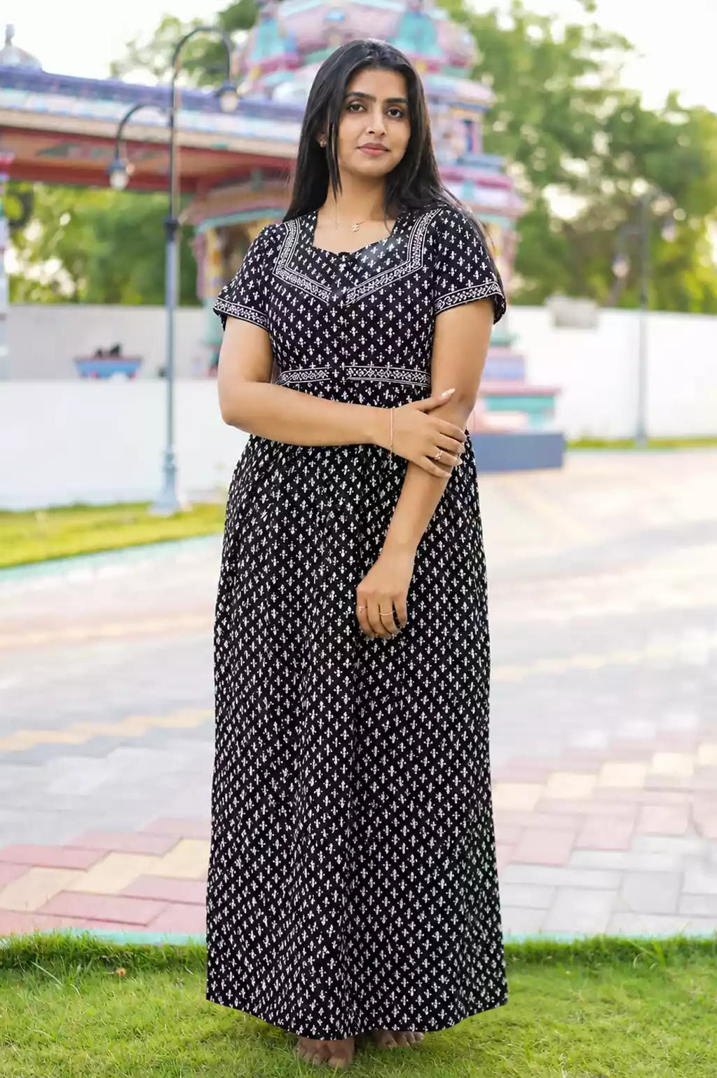 Black Jaipur Cotton Feeding Frock with Half Sleeves and Tie Front View