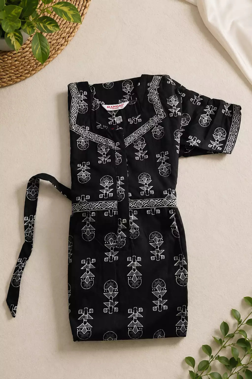 Black Cotton Feeding Frock with Front Zipper and Back Tie - Mangai Nighties