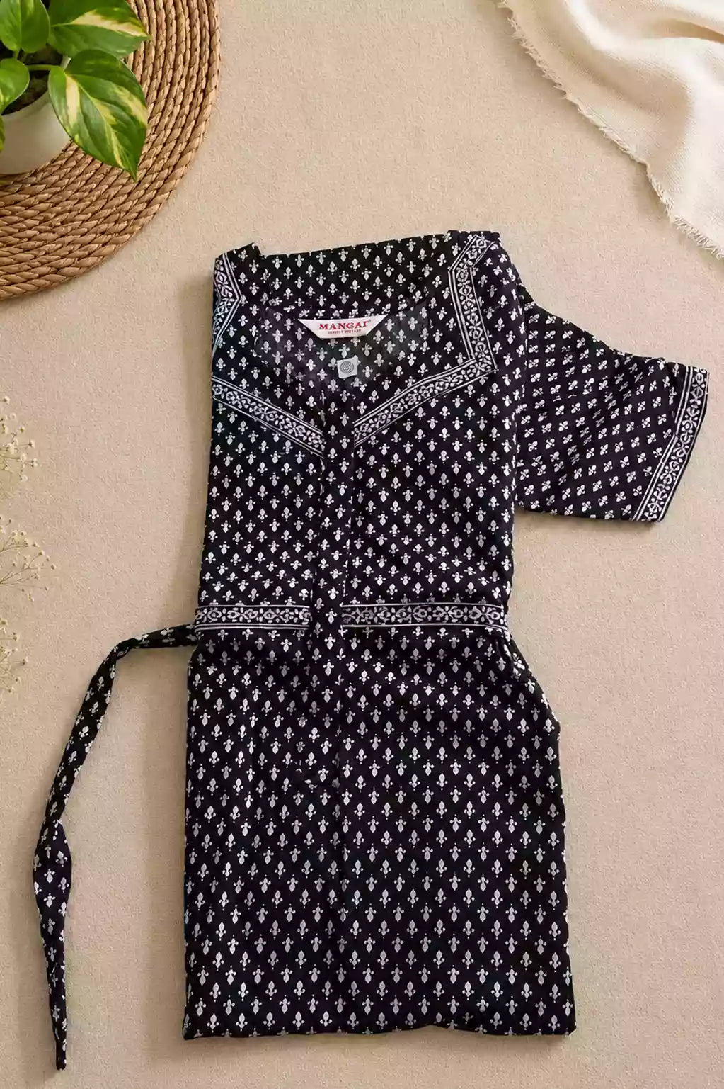 Black Jaipur Cotton Front Zipper Frock with Back Tie Rope - Mangai Nighties