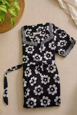Black Jaipur Cotton Nursing Frock with Puff Sleeves Tie - Mangai Nighties