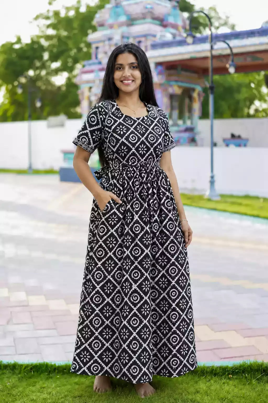 Black Jaipur Cotton Feeding Frock with Back Tie Rope Front View