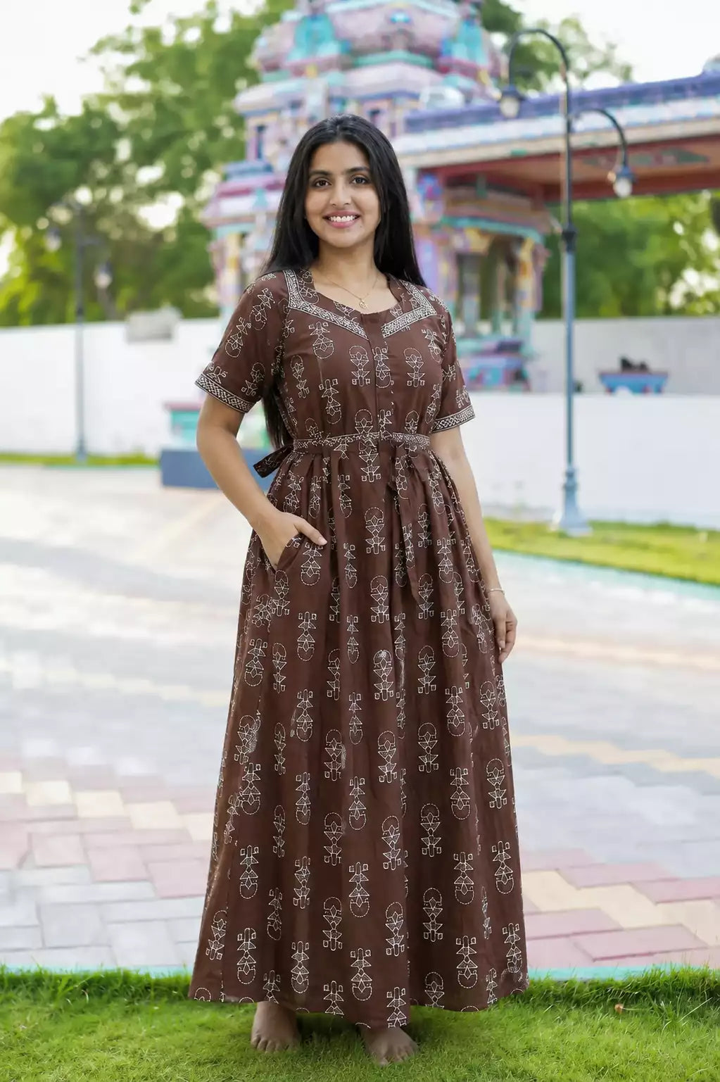 Coffee Brown Cotton Frock with Side pocket Front View - Mangai Nighties