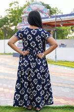 Navy Blue Jaipur Cotton Feeding Frock with Back Tie Rope - Mangai Nighties