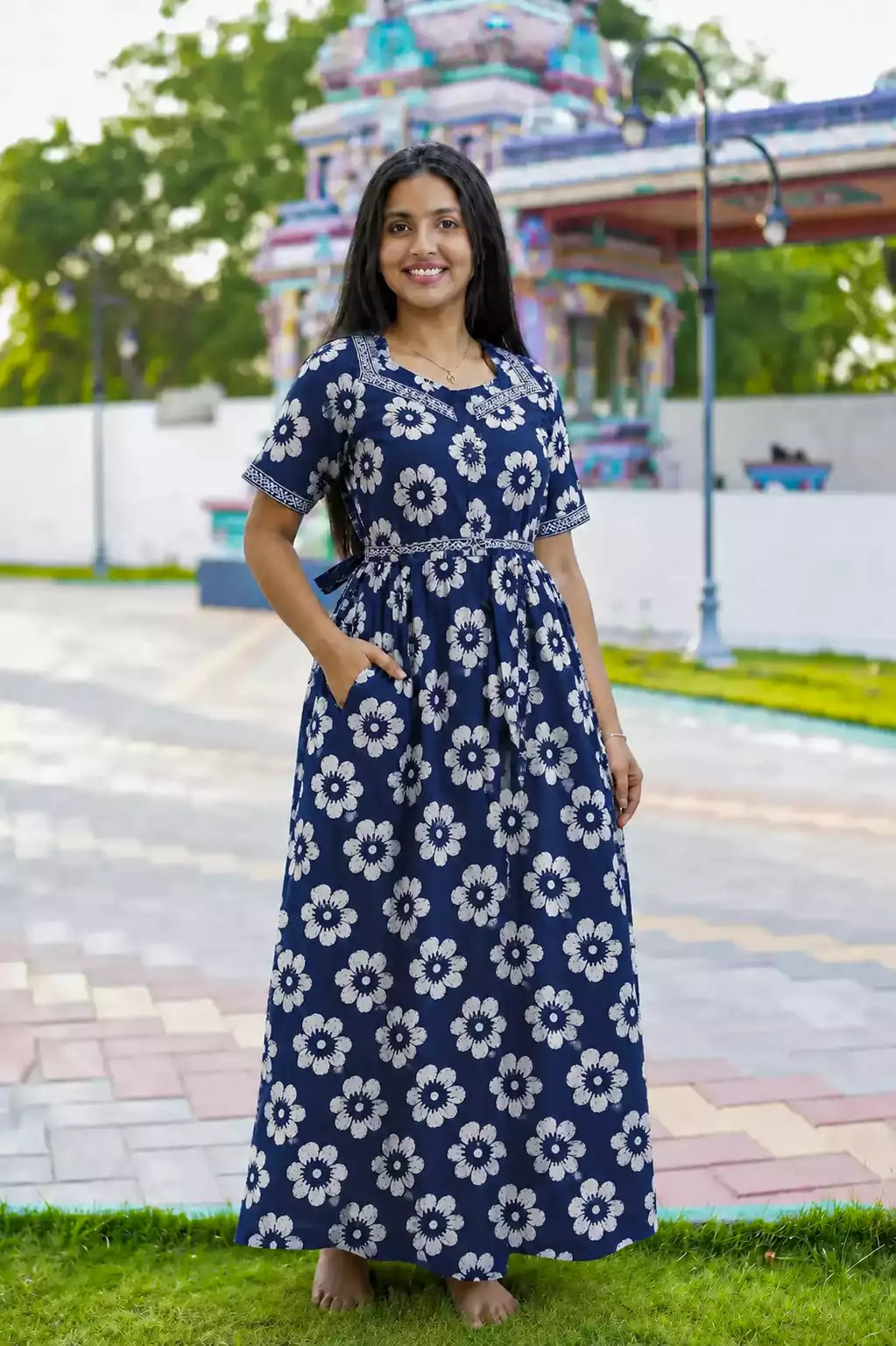 Navy Blue Jaipur Cotton Feeding Frock with Puff Sleeves Front View