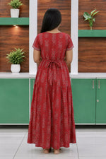 Red Cotton Feeding Frock with Front Zipper and Back Tie - Mangai Nighties