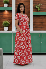 Red Jaipur Cotton Feeding Frock with Puff Sleeves and Tie Front View